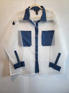 Blue Haven NWOT Sheer White Button-Up Shirt with Denim Trim Size 2X